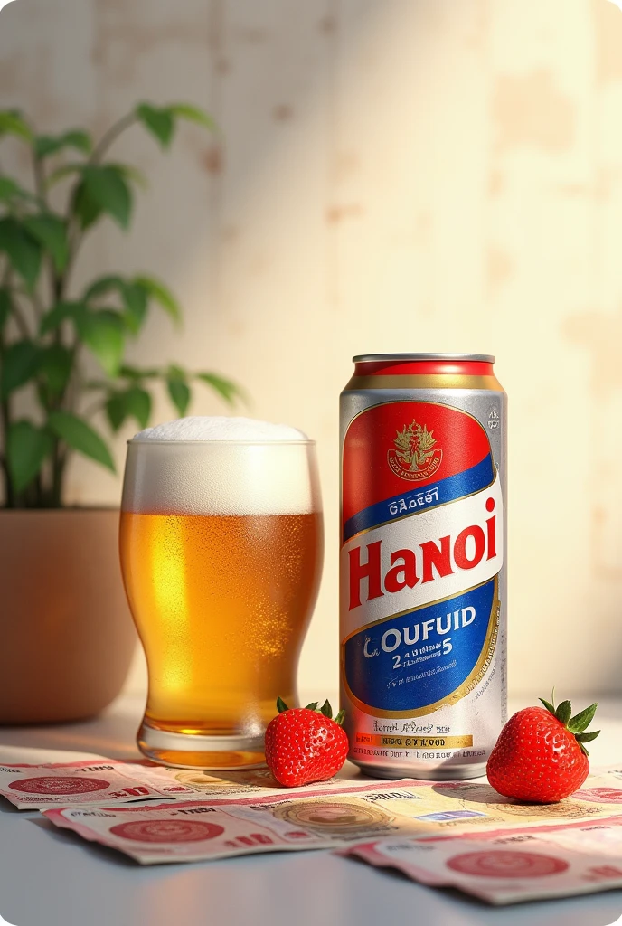 Hanoi beer can with a cup of beer and money
