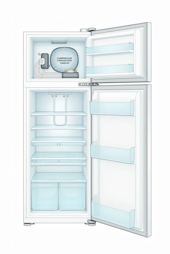 A diagram with the parts of a refrigerator labeled., show compressor, condenser coil, Evaporator coil and temperature.