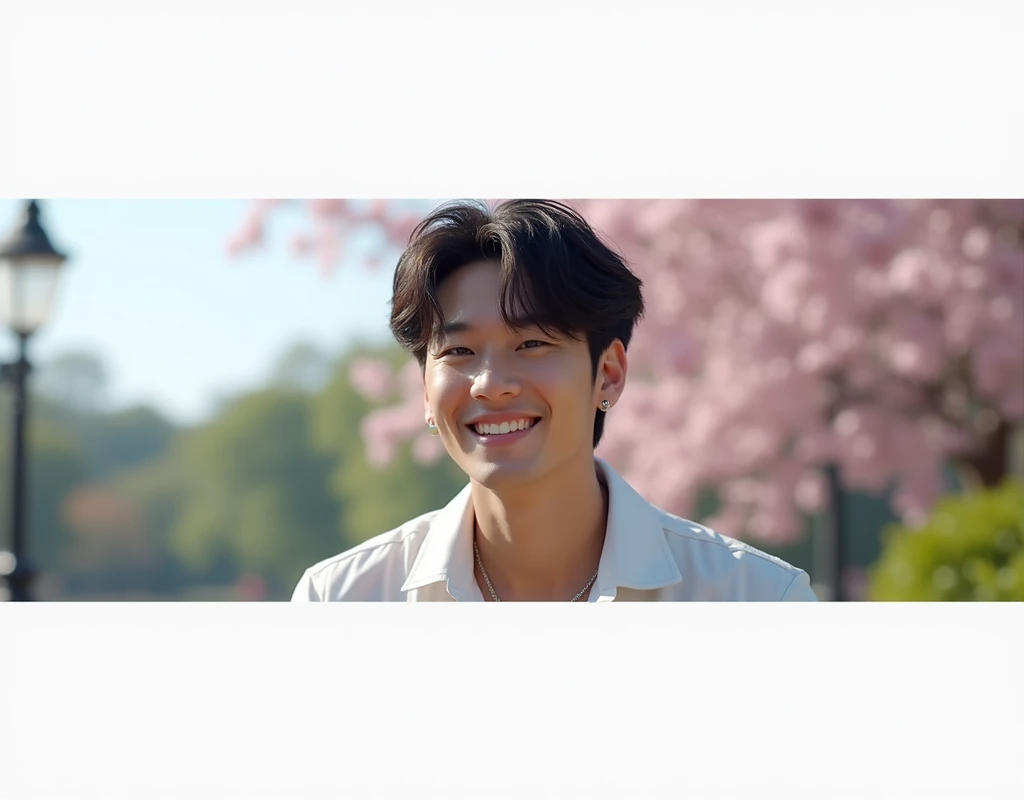 {high resolution}, {{male1名}}, {{Highest quality}}, , (8k, Highest quality, masterpiece:1.2, Very detailed), (Realistic, photoRealistic) , male, Ulzzang is cool, Handsome, Ulzzang, Korean, Facing forward, Center Part, Earrings, smile, Beautiful duo, Korean Star, White shirt, Smiling with a park in the background, Hall々It is said that, manly