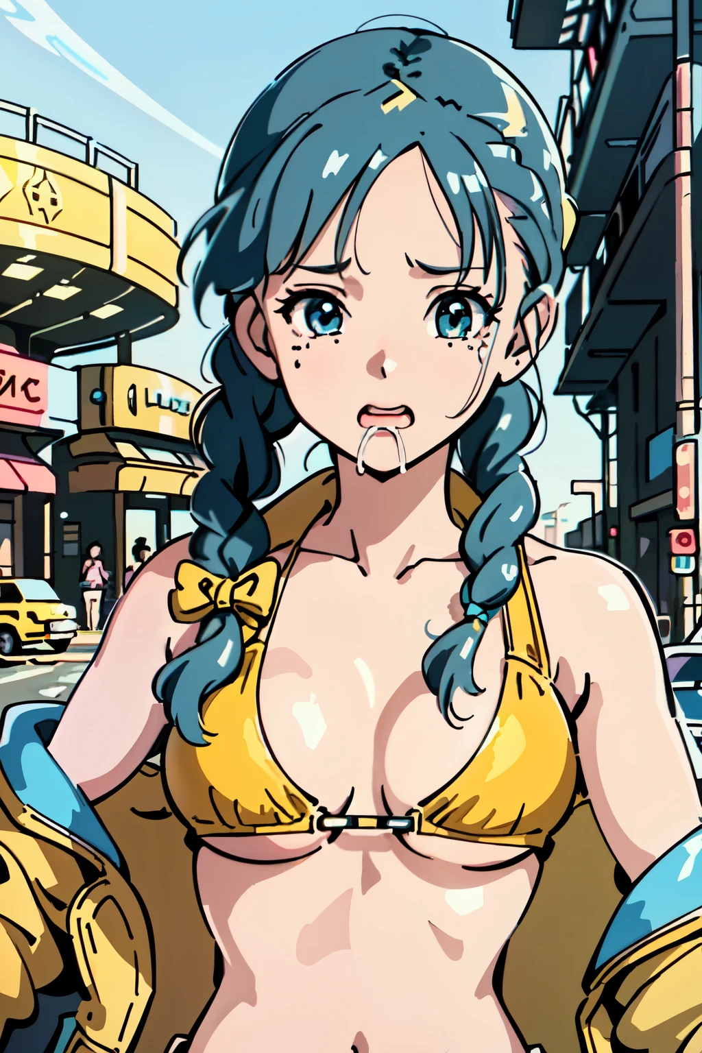best quality, masterpiece, 1 girl, upper body, (silhouette lighting;1.4), sobbing, (drooling:1.4), (braid hair with bangs:1.3), retrofuturistic style yellow and blue bikini, jacket, gloves, (small breast, cleavage, underboobs:1.2), (retrofuturistic style shopping street:1.3)