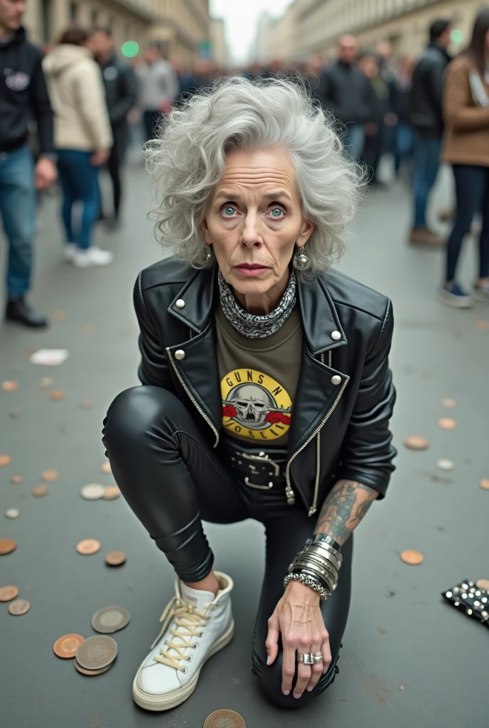 russian old milf woman, lot of curly grey hair, very light blue eyes, extremely pale. Bandana around neck Wearing cropped black moto jacket with lots of zippers and pins, t-shirt with guns and roses logo, shiny skinny leather jeans and white tennis sneakers . Lots of metallic bracelets and collars. Tacky wide leather belt with oversized skulls and bones buckle. Long earrings. Kneeling like in a payer, humble attitude Hands on her knees, thin legs and thin arms. A lot of coloured people around, studded black leather tote bag. Coins scattered around. Badges and pins on jacket. Leather gloves. Tattoed heavily