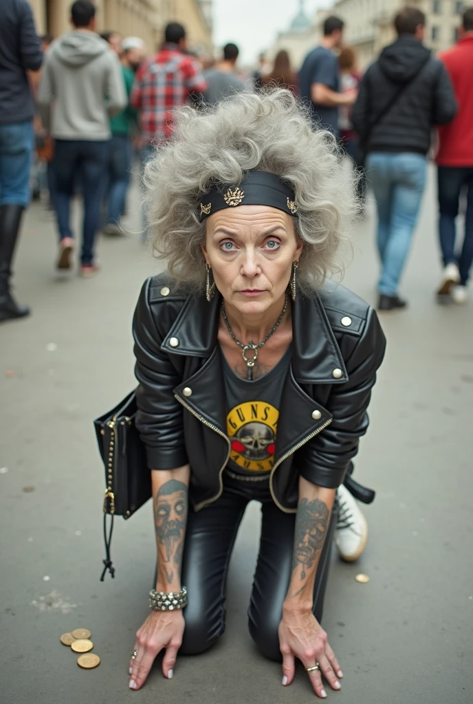 russian old milf woman, lot of curly grey hair, very light blue eyes, extremely pale. Bandana around neck Wearing cropped black moto jacket with lots of zippers and pins, t-shirt with guns and roses logo, shiny skinny leather jeans and white tennis sneakers . Lots of metallic bracelets and collars. Tacky wide leather belt with oversized skulls and bones buckle. Long earrings. Kneeling like in a payer, humble attitude Hands on her knees, thin legs and thin arms. A lot of coloured people around, studded black leather tote bag. Coins scattered around. Badges and pins on jacket. Leather gloves. Tattoed heavily