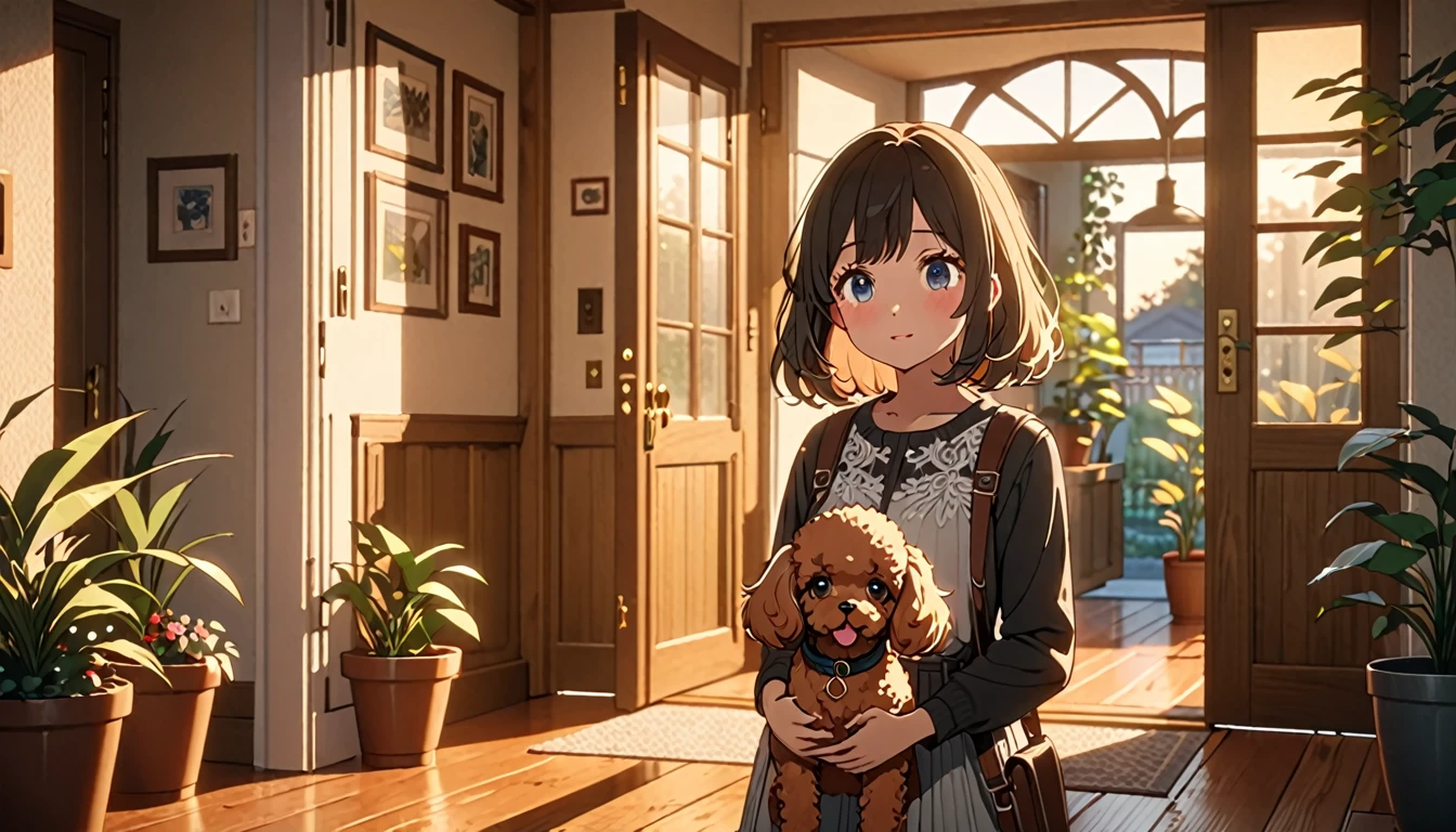 a girl entering from the front door, a toy poodle dog greeting her in the entryway, evening light, detailed face and expression, animetic, 8k, high quality, beautiful detailed eyes, beautiful detailed lips, extremely detailed face and features, intricate details, warm lighting, cozy home interior, wooden floors, potted plants, (best quality,4k,8k,highres,masterpiece:1.2),ultra-detailed,(animetic:1.37),cinematic lighting,natural colors,soft focus,detailed environment