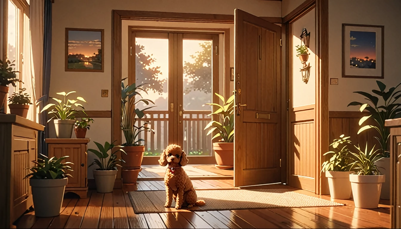 a girl entering from the front door, a toy poodle dog greeting her in the entryway, evening light, detailed face and expression, animetic, 8k, high quality, beautiful detailed eyes, beautiful detailed lips, extremely detailed face and features, intricate details, warm lighting, cozy home interior, wooden floors, potted plants, (best quality,4k,8k,highres,masterpiece:1.2),ultra-detailed,(animetic:1.37),cinematic lighting,natural colors,soft focus,detailed environment