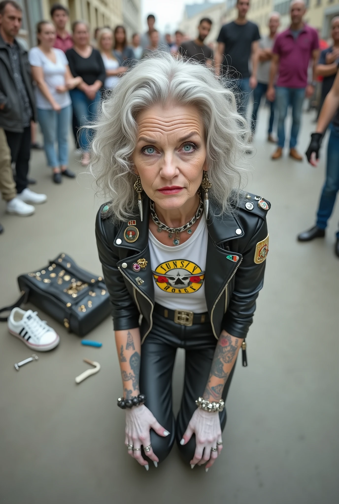russian old milf woman, curly grey hair, very light blue eyes, extremely pale. Wearing cropped black moto jacket with lots of zippers and pins, t-shirt with guns and roses logo, shiny skinny leather jeans and white tennis sneakers . Lots of metallic bracelets and collars. Tacky wide leather belt with oversized skulls and bones buckle. Long earrings. Kneeling like in a payer, humble attitude Hands on her knees, thin legs and thin arms. A lot of coloured people around, studded black leather tote bag on the floor,her belongings scattered around. Badeges and pins on jacket. Leather gloves. Tattoed cleavage, hands and arms