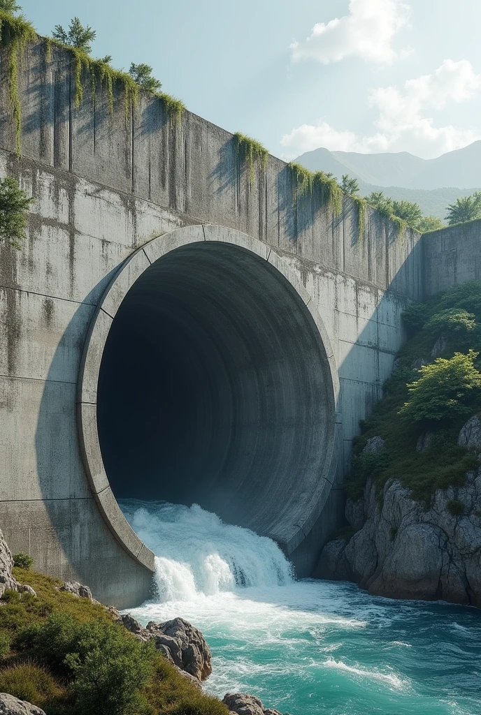 make a giant concrete wall and round pipes coming out of it, the pipes are huge and leak water