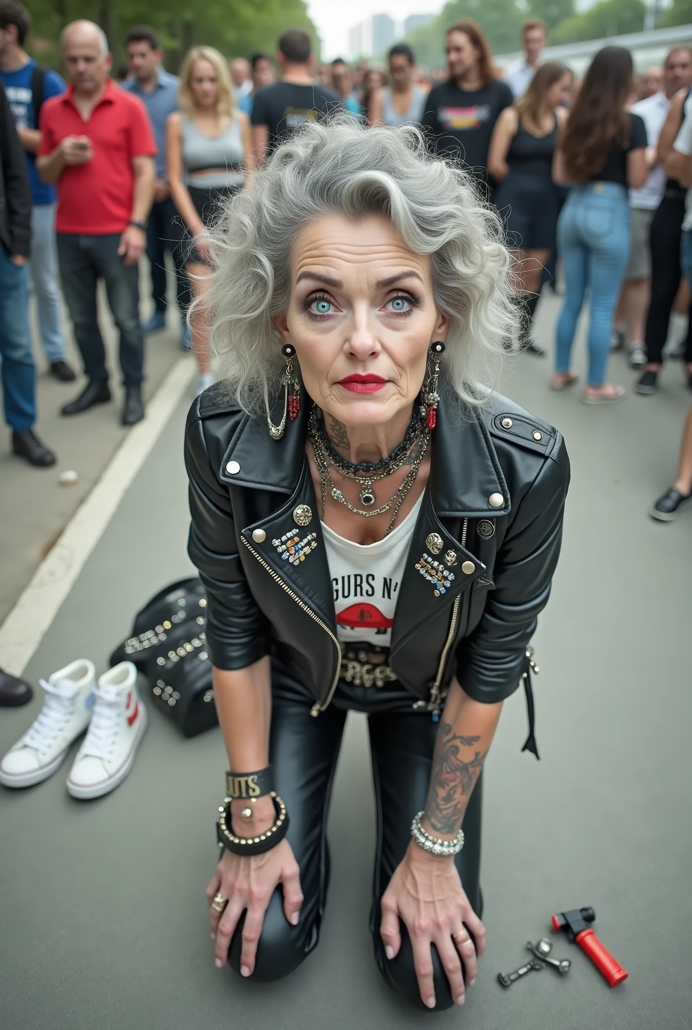 russian old milf woman, curly grey hair, very light blue eyes, extremely pale. Wearing cropped black moto jacket with lots of zippers and pins, t-shirt with guns and roses logo, shiny skinny leather jeans and white tennis sneakers  . Lots of metallic bracelets and collars. Tacky wide leather belt with oversized skulls and bones buckle. Long earrings. Kneeling like in a payer, humble attitude  Hands on her knees, thin legs and thin arms. A lot of coloured people around, studded black leather tote bag on the floor,her belongings scattered around. Badeges and pins on jacket. Leather gloves. Tattoed cleavage, hands and arms