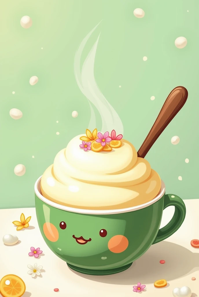 Tofu pudding in a cup with cartoon green tea