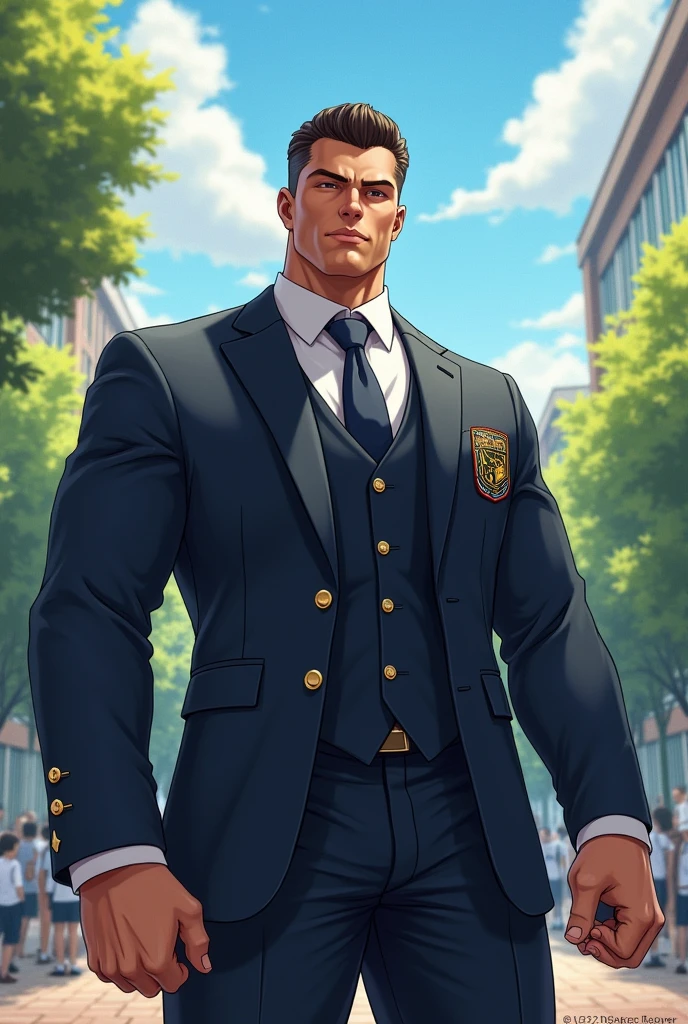 A tall, big, tanned man in a school uniform.
