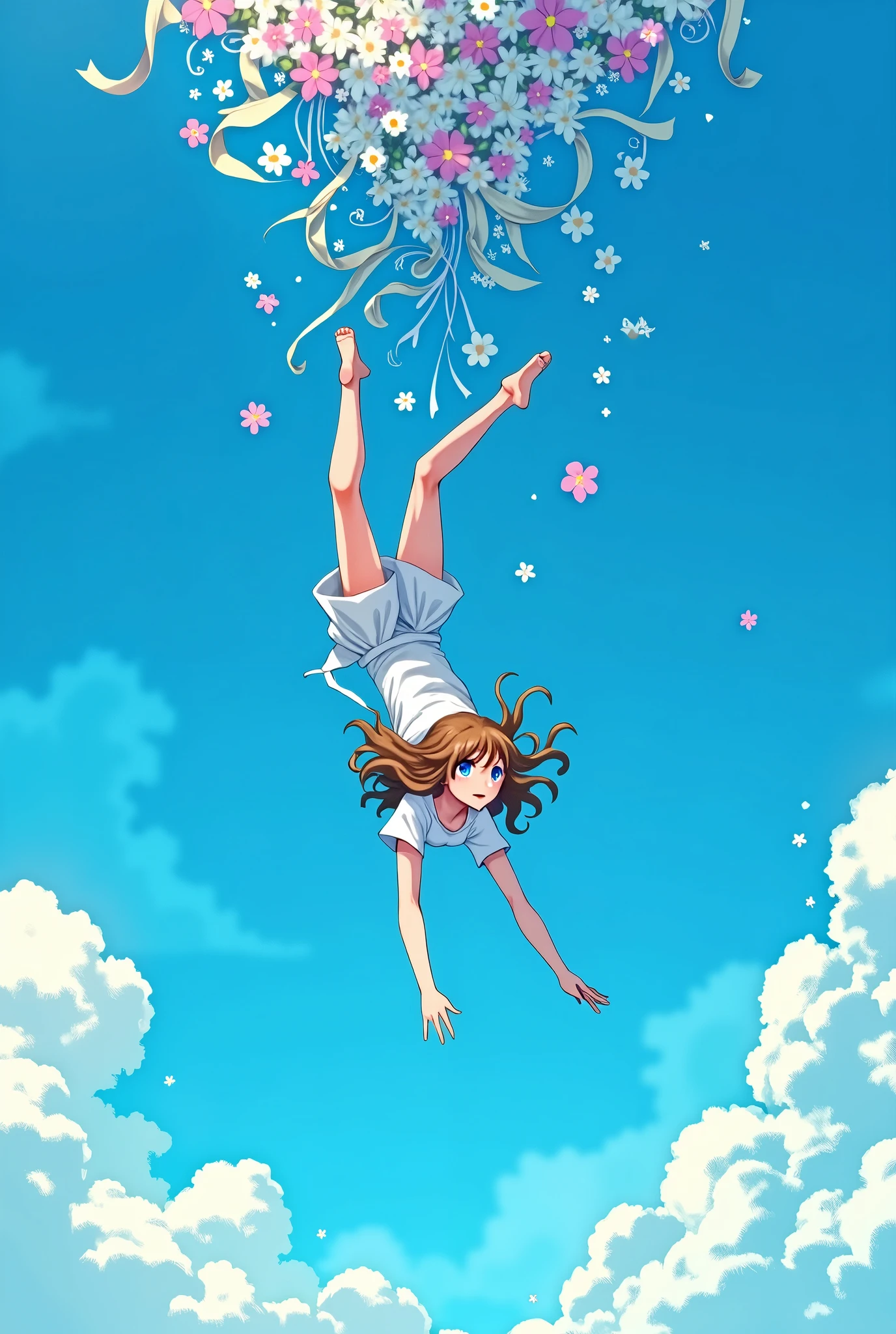 Blue sky,drop down,High resolution, One person, accessories, abstract expressionism, Anatomically correct, Highest quality, High resolution, Wide-angle shot, anime girl, falling from her head, lofi