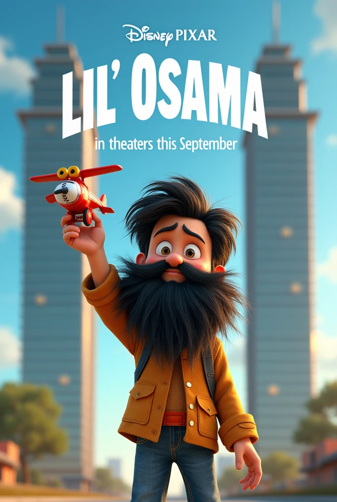 A Disney pixar movie poster, featuring a young boy with a very long ZZtop beard, holding a toy airplane with one hand in the air, two identical flat-roofed business towers in the background, the movie title at the top says "Lil' Osama", text at the bottom saying "in theaters this september", Disney pixar logo above title, actor names and studios details at the bottom, highly detailed, best quality, 4k
