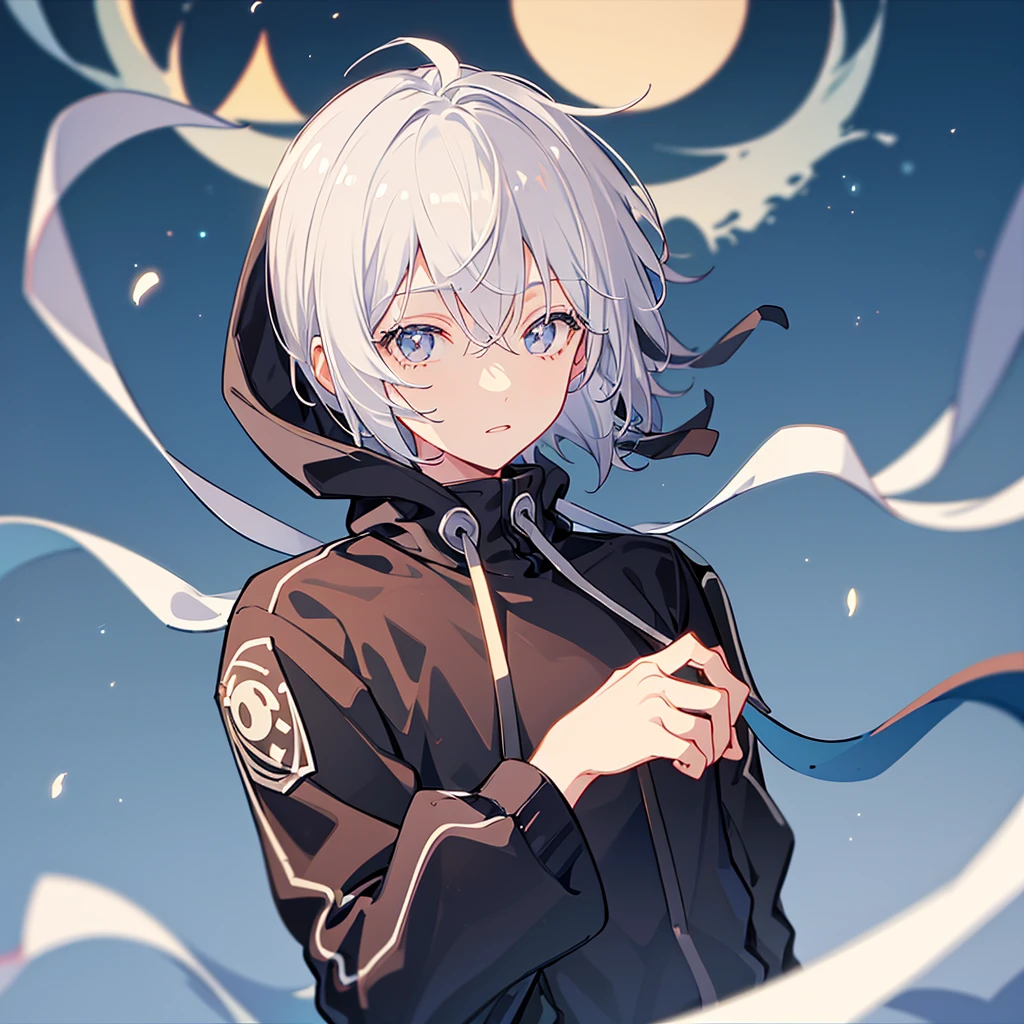 1 person、1 personで、1 person、Young、lovely、Night Background、Alley、Black roomy hoodie、Upper Body、Silver eyes and hair、Short Medium Hair、No hair on shoulders、Highest quality、Masterpiece
