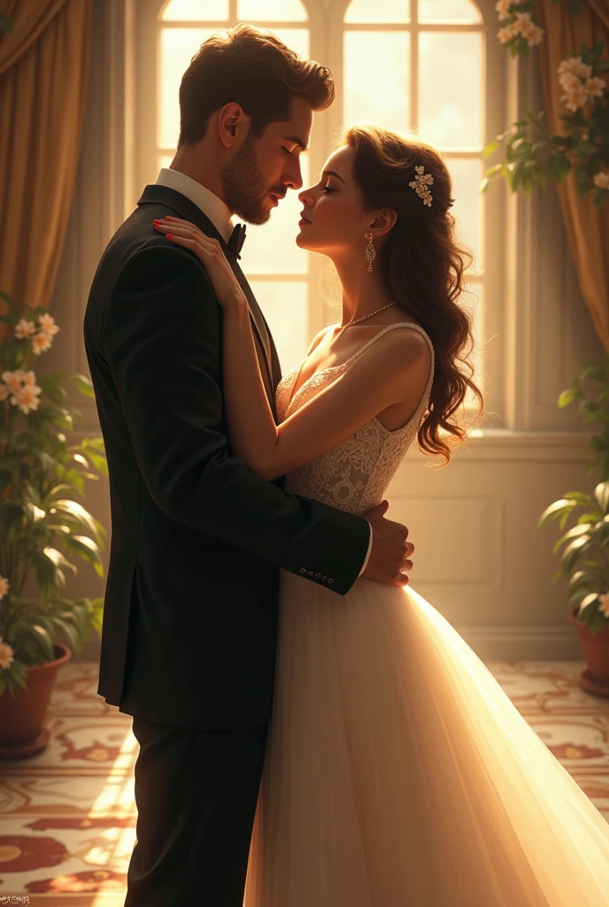Draw a couple in love in elegant clothes holding hands, that the man has the letter V and the woman the letter P