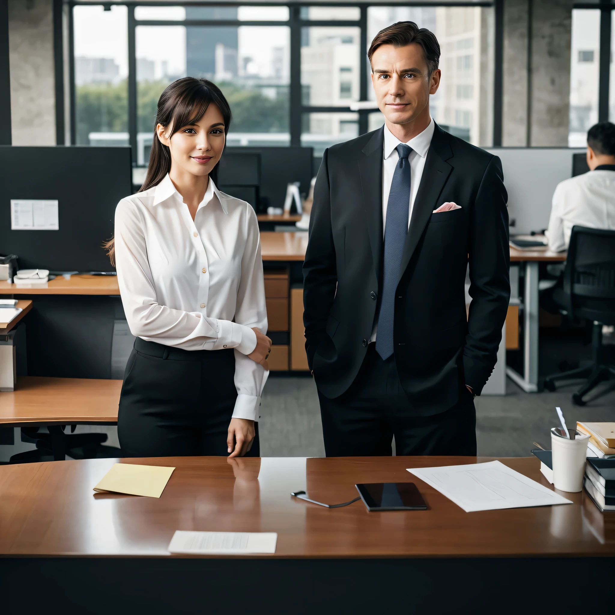 There was a man and a woman.In the office, best quality, 8K ultra-high resolution, (Reality), masterpiece, symmetry, High-detail RAW color photos, Office photo,An American man in his 30s sitting cross-legged,Be confident, Smile, Wear a tie.
Next to him, A woman in her 20s, Standing and staring at him, Wearing a white shirt under a black suit, Medium breasts, emphasizing breasts, Background is a bit blurry