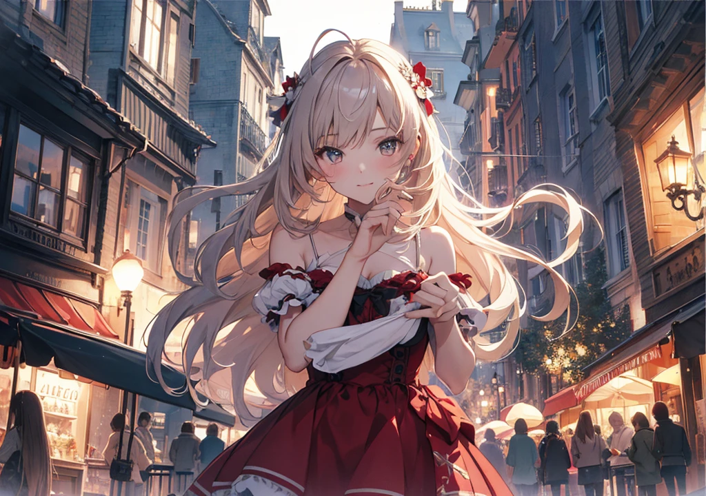 Realistic photos, Focus distance 10mm, Red and white, Beautiful girl, Realistic photos, Shooting at focus distance 10mm, masterpiece, 最high quality, high quality, Very detailed CG 8k wallpaper unit, Award-winning photography, Depth of written boundary, High resolution, bloom, chromatic aberration, Realistic, Very detailed, Art Station Trends, CGsociety Trends, Complex, High detail, dramatic, Art on the go, volumetric lighting, Beautiful girl on the Disney-style Montmartre hill
A beautiful girl in an antique dress sits in the Disney-esque Montmartre artists' square, gazing with amusement at an artist's painting, with the Parisian skyline in the background
