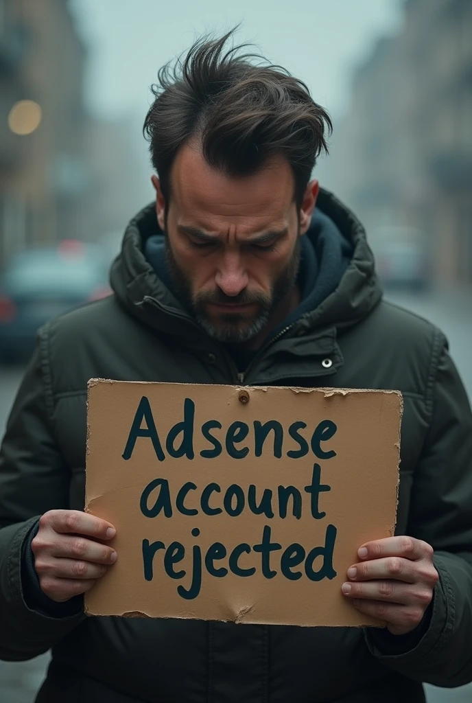 Generate a men image where man showing board on which there is adsense account rejected written and he is so sad