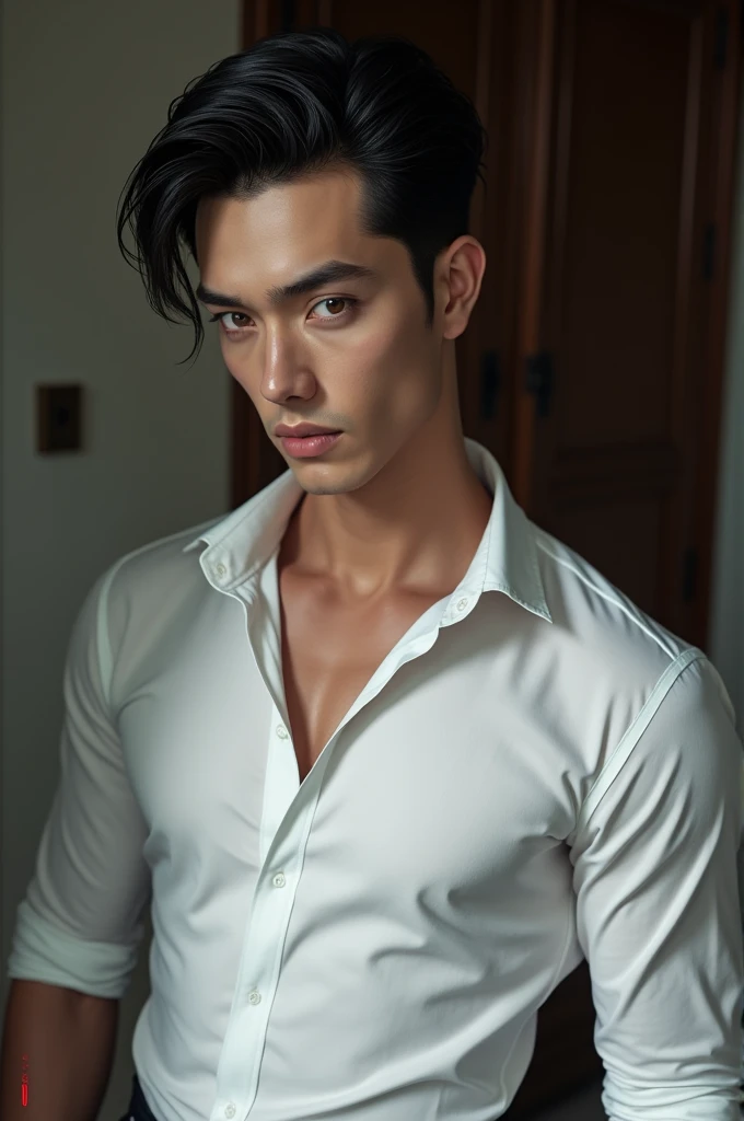 handsome man, high between 1.85 a 1.90 cm, skin very white , wears his black hair neatly combed, round face, slanted black eyes, elegant, marked in terms of muscle, with white shirt, serious and seductive look.