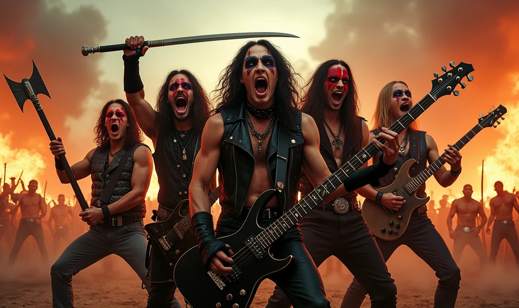 Heavy Metal Band、Album cover photo、Group of 5 men、flashy、makeup、ecstatic、Samurai、battlefield、4K、ultra-realistic、inflammation、Weapons are musical instruments、1:1 in