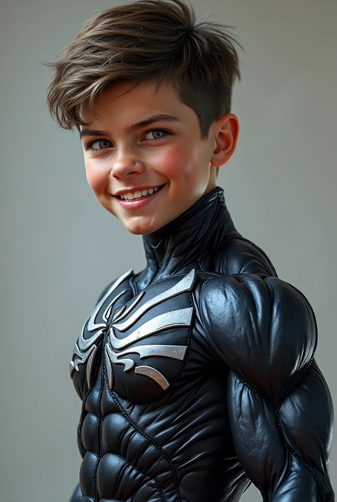 A realistic photo of an ugly boy, very short hair, a little cocky smile, strong body, wearing a marvel Hero (venom) skin
, hyperrealistic, hyperdetailed, 8k
