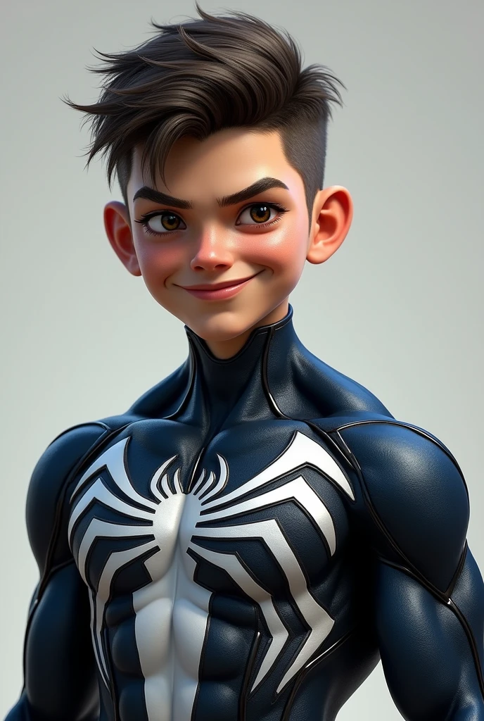 A realistic photo of an ugly 13 years old boy, very short hair, a little cocky smile, strong body, wearing a marvel Hero (venom) skin
, hyperrealistic, hyperdetailed, 8k