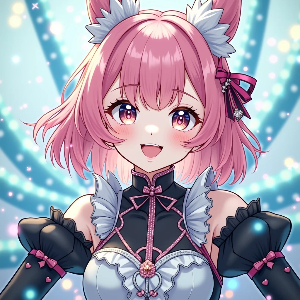 Angela wearing idol costume sweet smile pink hair