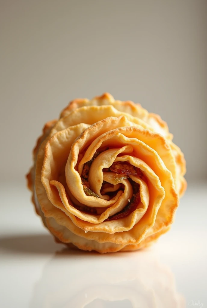 A spiral-shaped empanada with an attractive and different presentation that, when you bite into it,, layers of dough and filling are obtained, creating a unique experience.