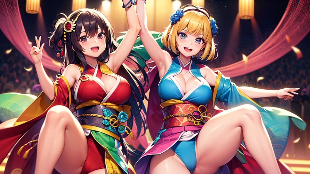 Masterpiece, super high quality anime style illustration. Rio de Janeiro Samba Carnival, ((Two Japanese Samba Dancers)), ((Two very cute girls)), ((Smiling and dancing)), colorful hair, bob, short. Dark eyes, perfect makeup. Extreme and revealing costume. Attractive legs. Confidently spreading legs shoulder width apart.