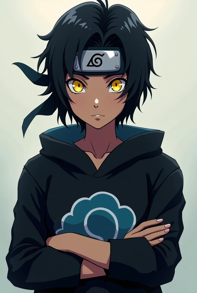 off , short black wavy hair, ele usa uma bandana ninja off konoha, your skin is tanned brown, His clothes are black with a blue cloud in the center, ele sempre anda off bracos cruzados, your eyes are bright yellow (アニメ)