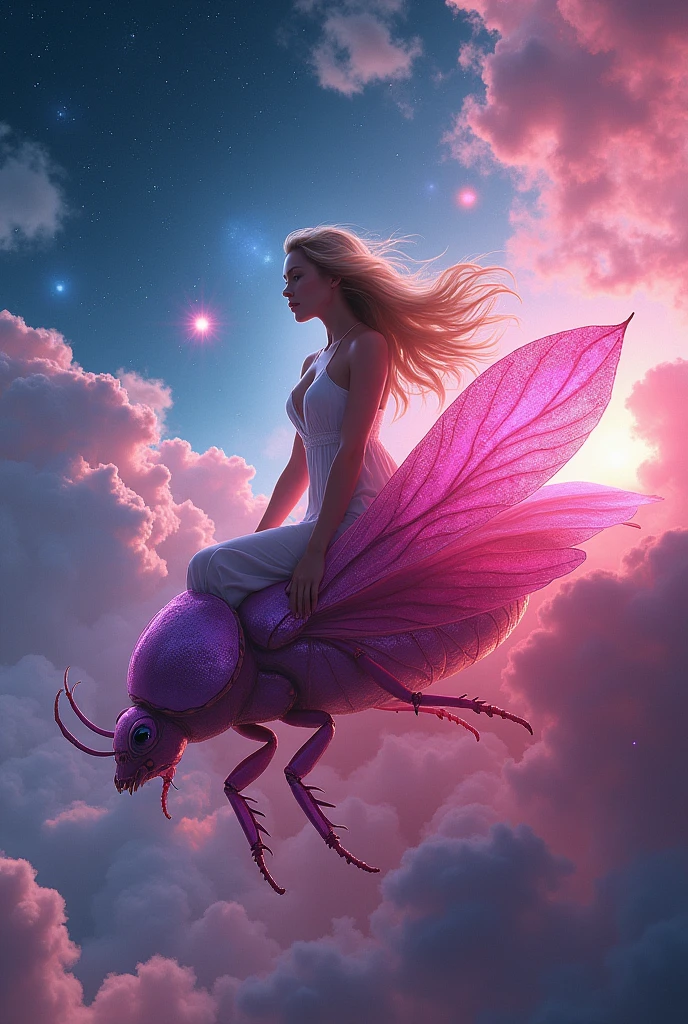 a beautiful woman with fair skin and golden hair riding a pink beetle in the milky way, surrounded by pink and blue lights, detailed face, masterpiece, photorealistic, 8k, cinematic lighting, hyper detailed, fantasy, dreamlike, ethereal atmosphere, serene, whimsical, vibrant colors