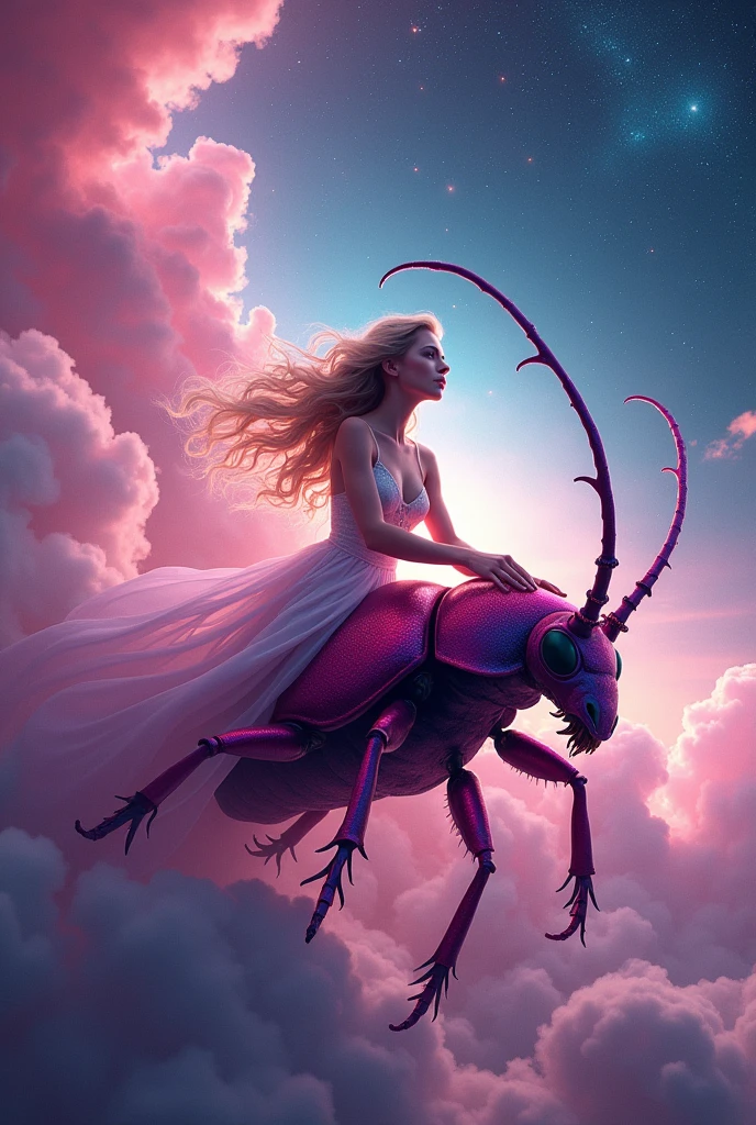 a beautiful woman with fair skin and golden hair riding a pink beetle in the milky way, surrounded by pink and blue lights, detailed face, masterpiece, photorealistic, 8k, cinematic lighting, hyper detailed, fantasy, dreamlike, ethereal atmosphere, serene, whimsical, vibrant colors