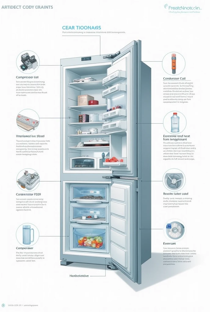 A diagram with the parts of a refrigerator labeled., show compressor, condenser coil, Evaporator coil and temperature.
Notes on each part