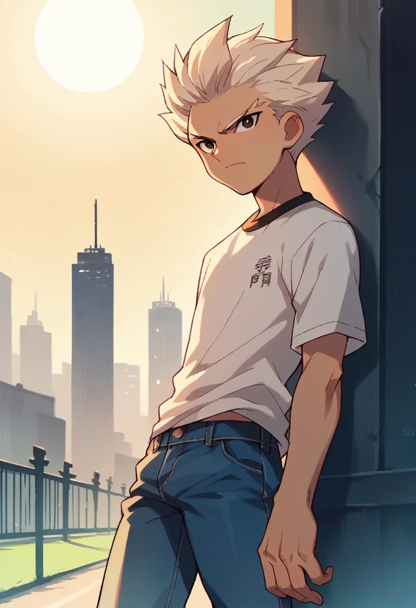 Score_9, Score_8_up, Score_7_up, anime source, highly detailed, Axel 2, 1 boy, male focus, alone, soccer shirt, jeans, city, sun, white hair,