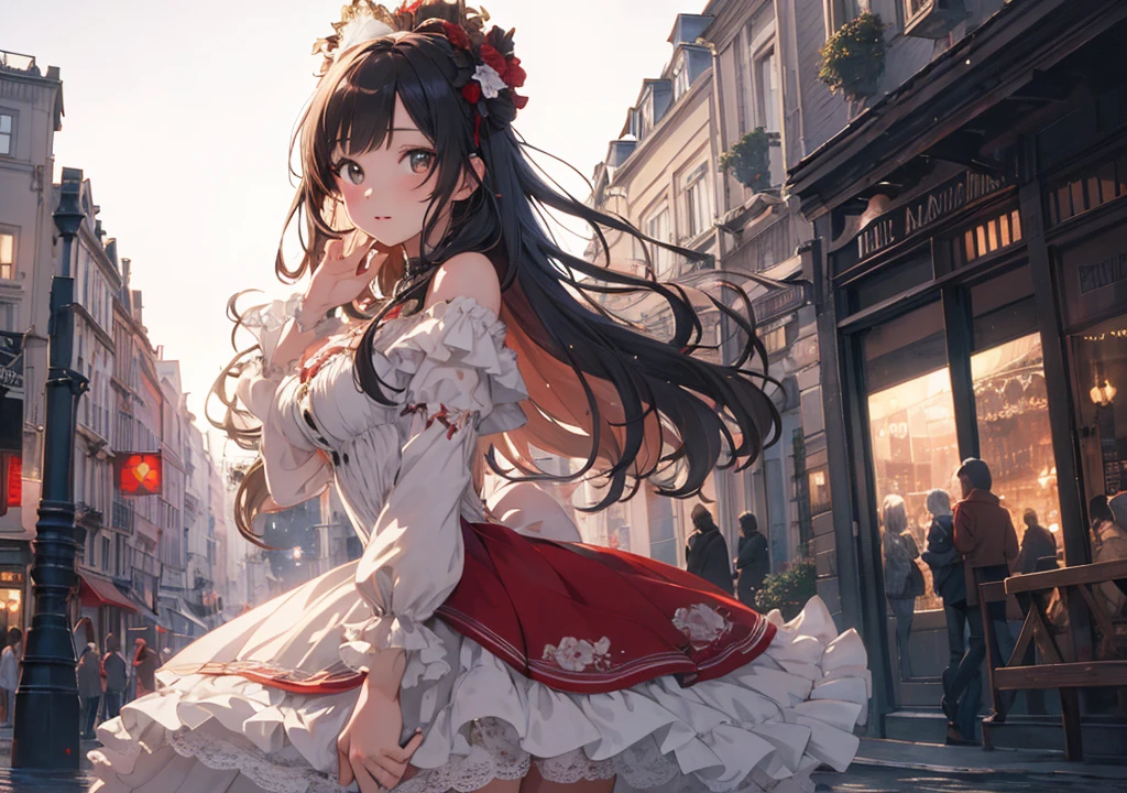 Realistic photos, Focus distance 10mm, Red and white, Beautiful girl, Realistic photos, Shooting at focus distance 10mm, masterpiece, 最high quality, high quality, Very detailed CG 8k wallpaper unit, Award-winning photography, Depth of written boundary, High resolution, bloom, chromatic aberration, Realistic, Very detailed, Art Station Trends, CGsociety Trends, Complex, High detail, dramatic, Art on the go, volumetric lighting, Beautiful girl on the Disney-style Montmartre hill
A beautiful girl in an antique dress sits in the Disney-esque Montmartre artists' square, gazing with amusement at an artist's painting, with the Parisian skyline in the background