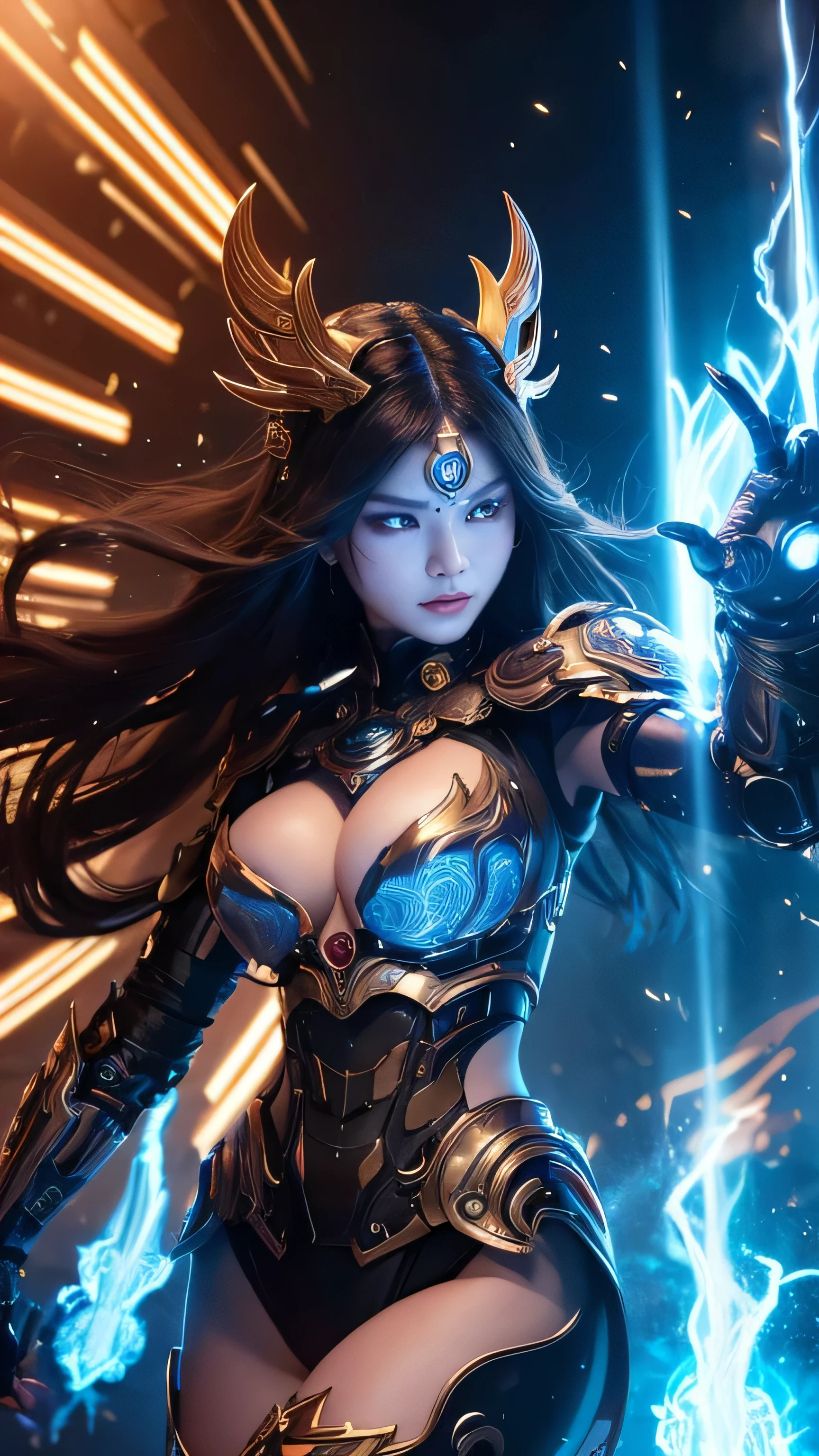 Prompt: Create an ultra-realistic 8K resolution image of Fudo Myoo, the powerful deity from Buddhist mythology, reimagined as a fierce and majestic female figure with a cybernetic twist. The female Fudo Myoo retains her iconic features, including glowing blue skin and a stern, commanding expression with red, glowing eyes. Her face is a blend of organic and mechanical, with intricate metal plating integrated seamlessly into her features. Her flowing hair is partially made of glowing fiber-optic strands, adorned with mechanical ornaments resembling flames.
She is dressed in a futuristic armored suit with traditional Buddhist elements, combining sleek, metallic surfaces with glowing circuits that form sacred patterns. Her right arm is a powerful mechanical limb holding a blazing energy sword, while her left hand is a high-tech gauntlet that channels her divine power. A halo of digital flames and holographic symbols encircles her head, adding to her otherworldly presence. The background features a blend of ancient temple architecture and advanced technology, creating an atmosphere that fuses the spiritual and the mechanical. The image captures the essence of Fudo Myoo’s wrath and protection, now embodied in a powerful and futuristic female form.