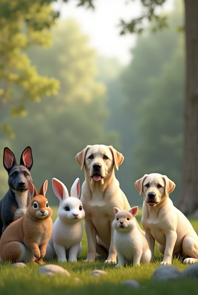 Make a brown bunny, a gray rabbit, a white rabbit, a blond labrador dog, a white boxer dog, a black labrador retriever and a small blond furry dog that look real