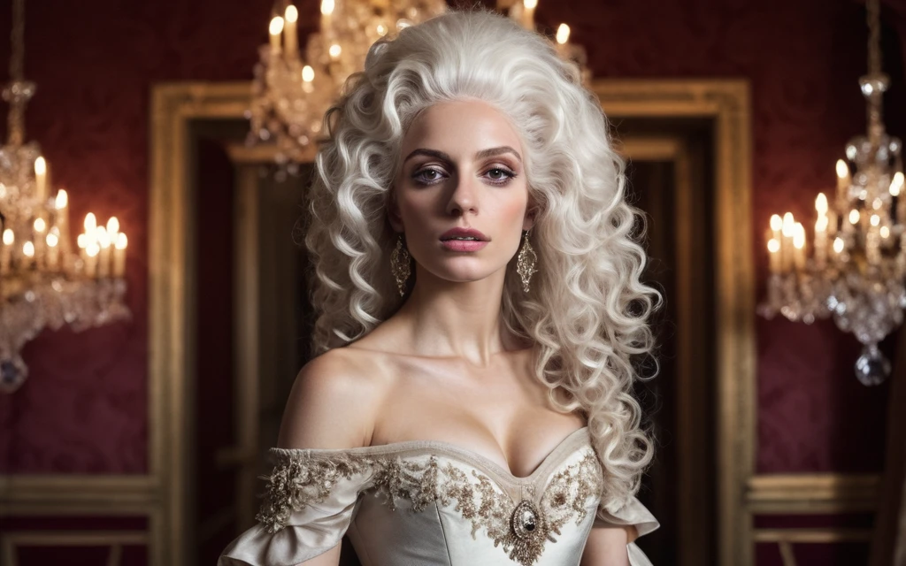 cinematic photo, gorgeous Georgian era woman, bare shoulders, head held high, grand elaborate white powdered wig, towering wig with curls and waves, delicate ornaments, detailed face, beautiful face, well-defined eyebrows, brown eyes, subtle rouge cheeks and kohl, delicate lace ruffle, silk skirt. lavish Georgian ballroom, crystal chandeliers, gilded furnishings. 35mm photograph, film, bokeh, professional, 4k, highly detailed, (tighs to head focus),detailxl