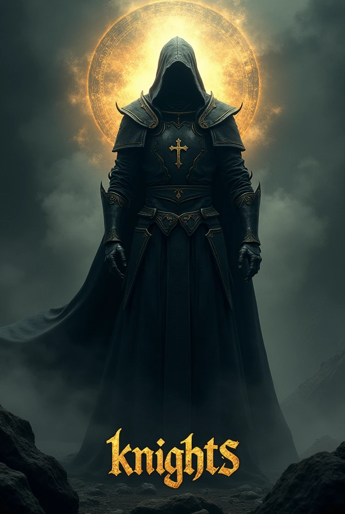 Logo of a knight silhouette in a dark sect-type suit that inspires fear and mystery and says knights in golden letters in an ancient language and a mysterious but terrifying background