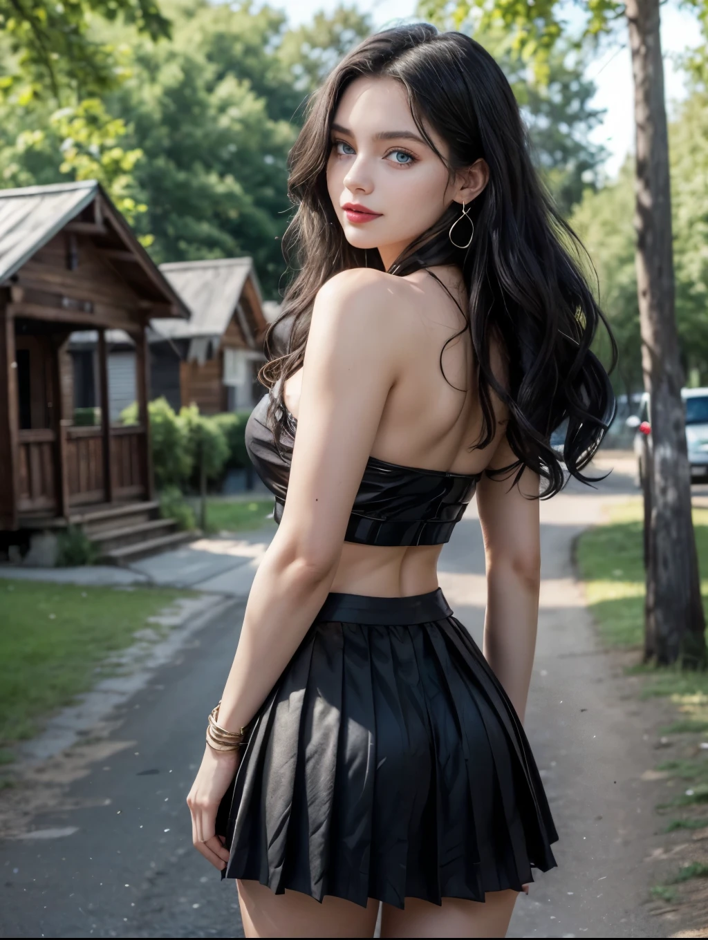 Caucasian woman; ((black hair)), (((wavy hair))), ((long hair)), hair parted in the middle; (((blue eyes))), ((lined eyes)), ((highlight blue eyes)), Bright eyes, (eyes with reflections); ((red lipstick)), (bright lips), constitute; smile, ((athletic body)), ((medium breasts)), (((legs))); (standing); (((black top))), ((strapless top)), (Texture top)), (((black skirt)), ((pleated skirt)), (Texture skirt); earrings, necklace, bracelets; high quality, artistic shot, In a rural town, with wooden houses and many trees, back, buttocks, ass, back view, shot from behind.