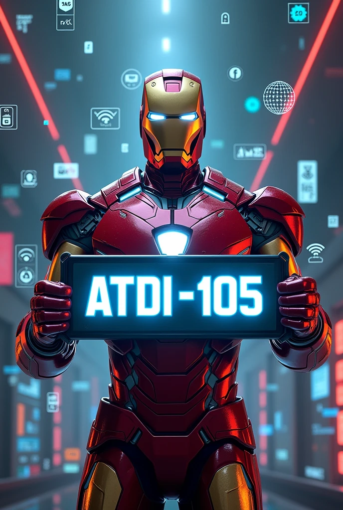 a highly detailed digital illustration of iron man holding a sign that says "ATDI-105" against a background filled with icons representing digital tools such as rs, iot, ai, cloud, wifi, etc, cinematic lighting, 8k, photorealistic, concept art style, vibrant colors, dramatic shadows, metallic textures, futuristic