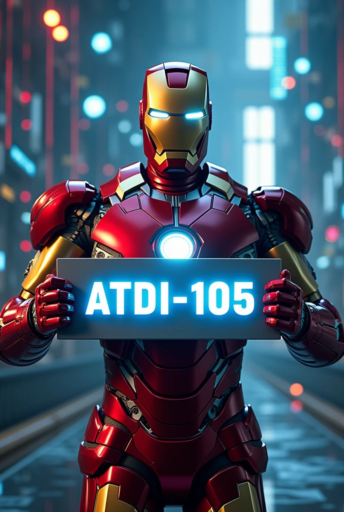 a highly detailed digital illustration of iron man holding a sign that says "ATDI-105" against a background filled with icons representing digital tools such as rs, iot, ai, cloud, wifi, etc, cinematic lighting, 8k, photorealistic, concept art style, vibrant colors, dramatic shadows, metallic textures, futuristic