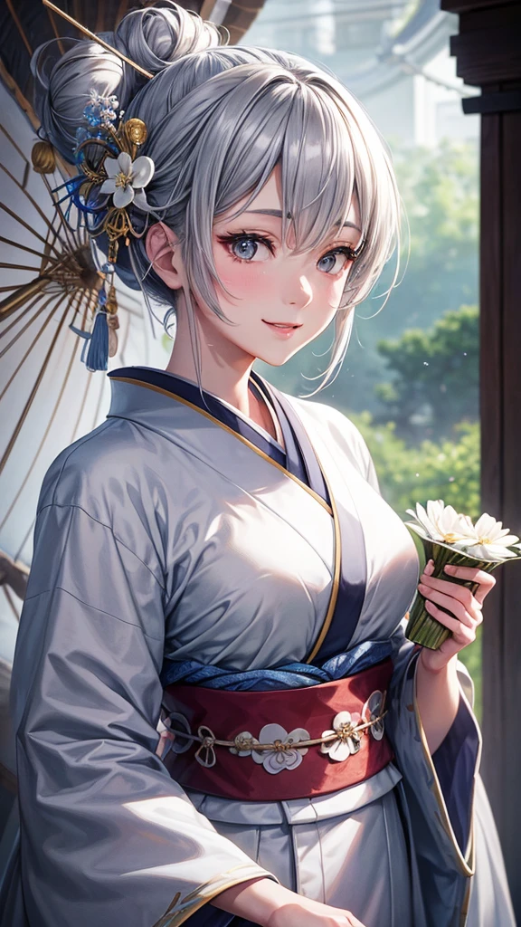 Solo, anime, masterpiece, best quality, high resolution, closeup portrait, a female, bluish gray hair, hair bun, white kimono, Japanese lady, amazing composition, front view, HDR, ultra quality, elegant, highly detailed, beautiful lady, smile, girl