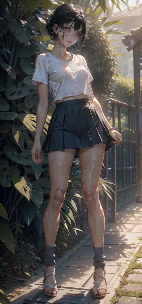 1female,28yo,bit girl,Small ,smallunderboob ,Pornographic exposure, solo,(Background with:bamboo forrest,lotuses,lotus flower,exteriors,Lotus Pond) She has short black hair,standing on your feet,Sweat profusely,drenched all over the body,seen from the front, hair straight, mostly cloudy sky,(((tmasterpiece),(Very detailed CG unity 8K wallpaper),best qualtiy,cinmatic lighting,detailed back ground,beatiful detailed eyes,Bright pupils,Black eyes,(Very fine and beautiful),(Beautiful and detailed eye description),ultra - detailed,tmasterpiece,)),facing at camera,A high resolution,ultra - detailed),revealing breasts,Bare genitals, Bulge,legs are open,Raised sexy,Camel toes,Flushed complexion,Open-mouthed,frontage,college aged,(Wearing:Republican school uniform,Sky blue loose shirt,a black pleated skirt,White calf socks,black sneaker shoes)Full body photo,Show shoes