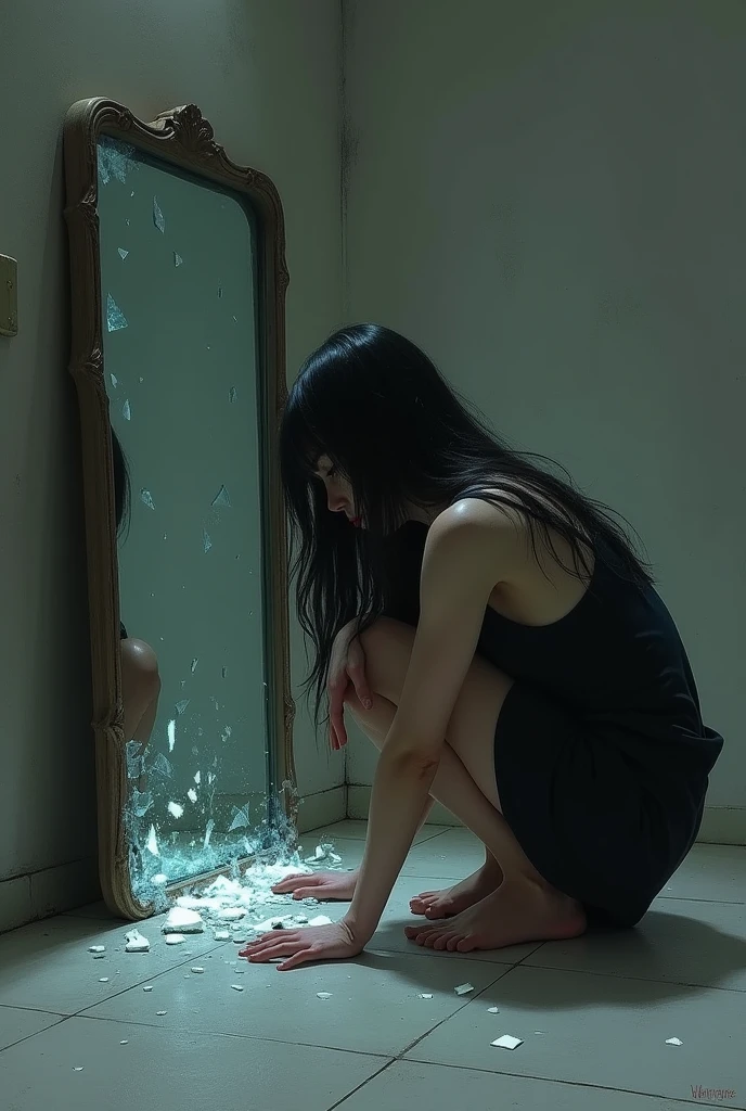 A woman crouched on the floor with a broken mirror in front of her