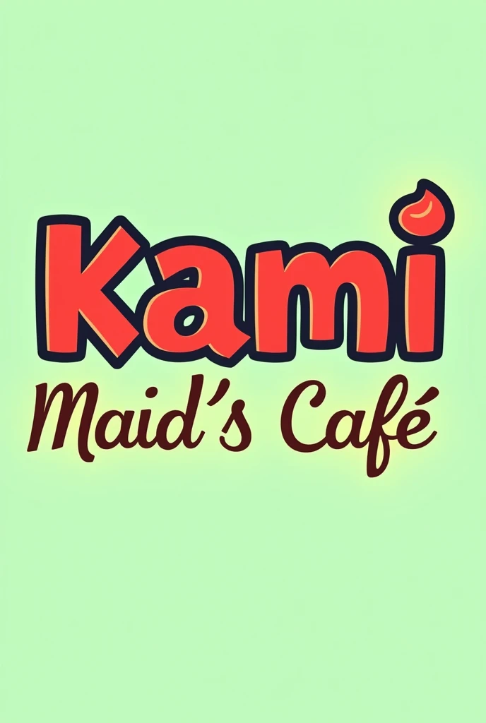 word (Kami Maid's Cafe), para un logotipo con letras grandes que tengan un contorno negro and un estilo tipo anime, (the word Kami that is red), (the word maid's in yellow) and (la palabra Kafé de color café and tenga una fuente de letra cursiva) with a completely flat pastel green background
