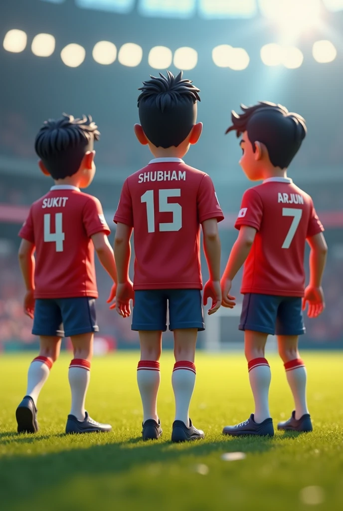3 friends in a football team the boy name shubham written on the jersey and another name is Sukit written on the jersey and last name is arjun written on the jersey to click the photos 3d image