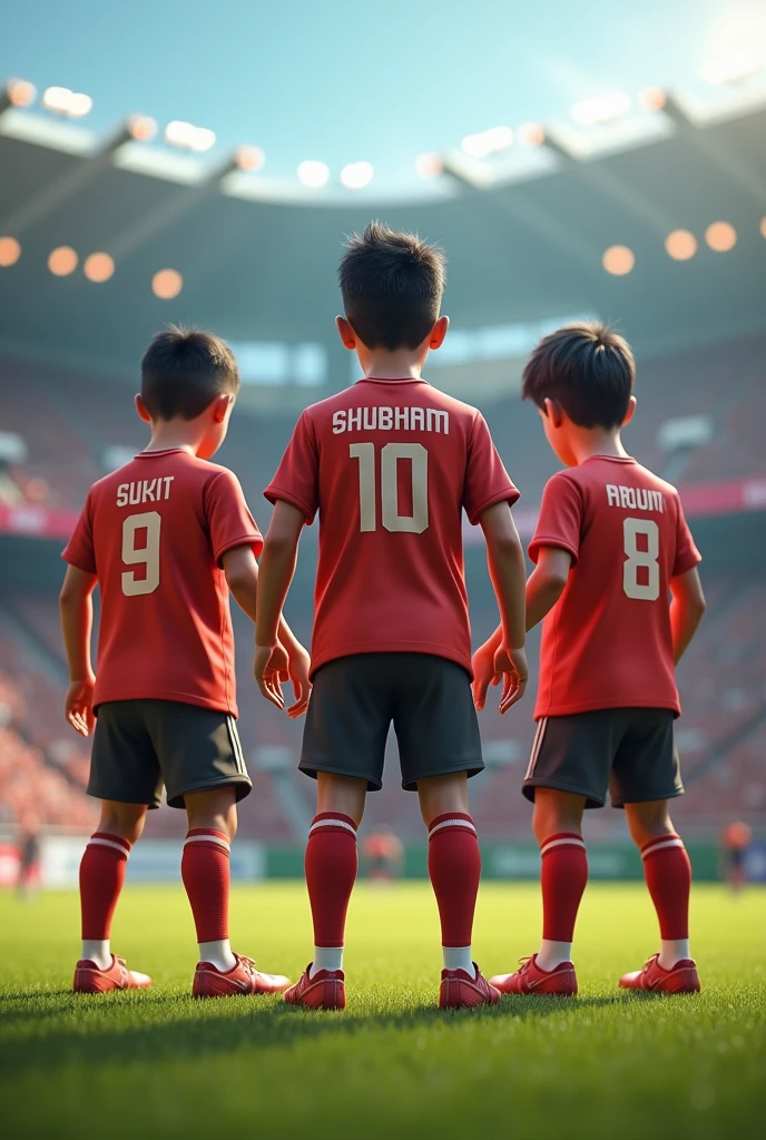 3 friends in a football team the boy name shubham written on the jersey and another name is Sukit written on the jersey and last name is arjun written on the jersey to click the photos 3d image