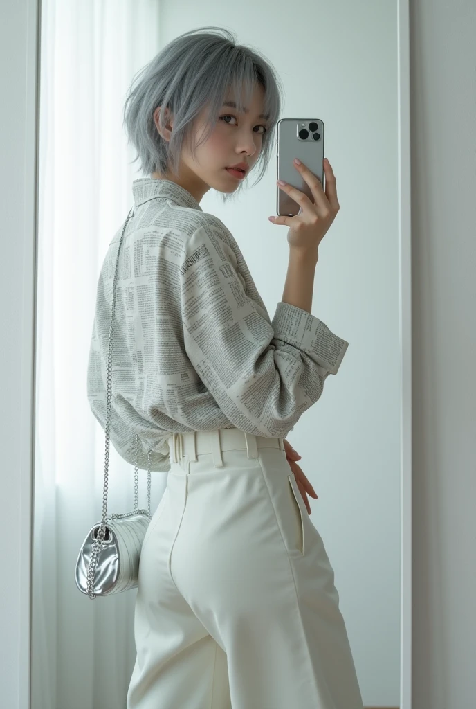 highly detailed, beautiful, hyper Realistic girl, masterpiece, best quality, Japanese sexy gravure woman, 28-years-old, identity hidden, takes a selfie in her room using a smartphone in front of a mirror with one hand, Hold the bottom of your shirt with one hand、fashion model Posing, looking away from the camera, /// gray short hair, light color eyes, Realistic skin, Detailed face, /// Design a futuristic fashion ensemble centered on white, (wearing a All News Paper Print Big nylon Shirt, Shorts are hidden in a big and logshirt). Complete the look with white ankle boots that have a metallic finish and a translucent, The overall vibe should exude a sleek, forward-thinking style that seamlessly blends modern minimalism with a touch of the future, /// Monotone simple modern taste single room, mirror, complicated background,