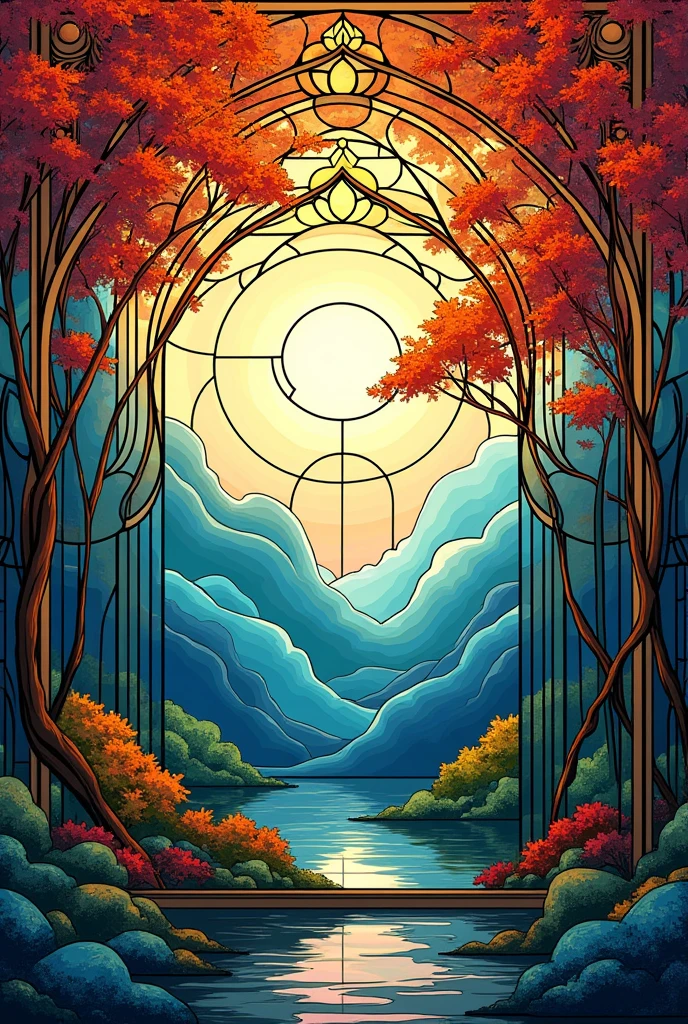 art deco:Stained glass,bright colors, intricate details. very detailed, Complex motifs, organic tracery, perfect composition, digital painting, art station, concept art, Smooth,, shape, T Masterpiece, highest quality, award-winning, High resolution, Landscape painting,Beautiful and amazing,
