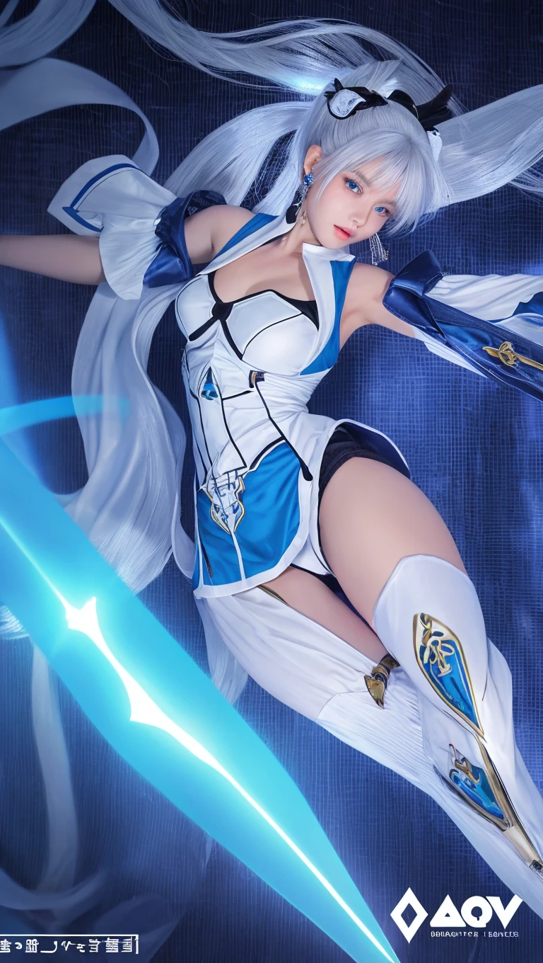 masterpiece、top-quality、Hi-Res、1girl、sinon1、white glove、thigh-high socks、pelvis curtain、Long-haired shorthair、hair between eye、side locks、breastplates、Shoulder armor、Blue armor、cowboy shot、reaching out her hands、a smile、