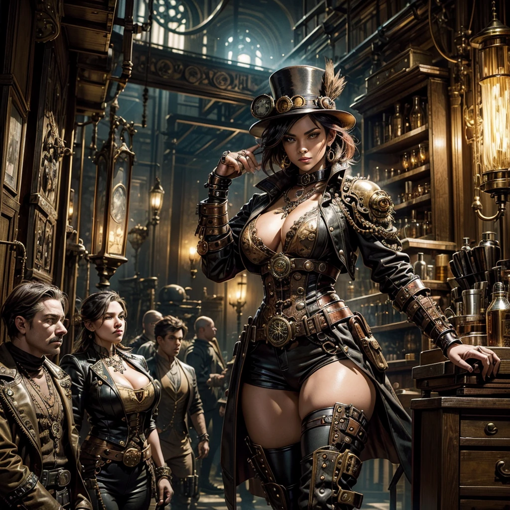 A female zombie conductor in a steampunk railway uniform in the background a sinister and mysterious dilapidated train with a skeletal engineer on board